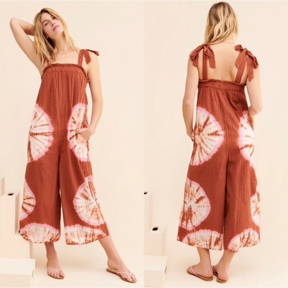 Anthropologie The Odells Josephine Jumpsuit Wide Leg Tie Shoulder Rust Size M - Picture 1 of 14